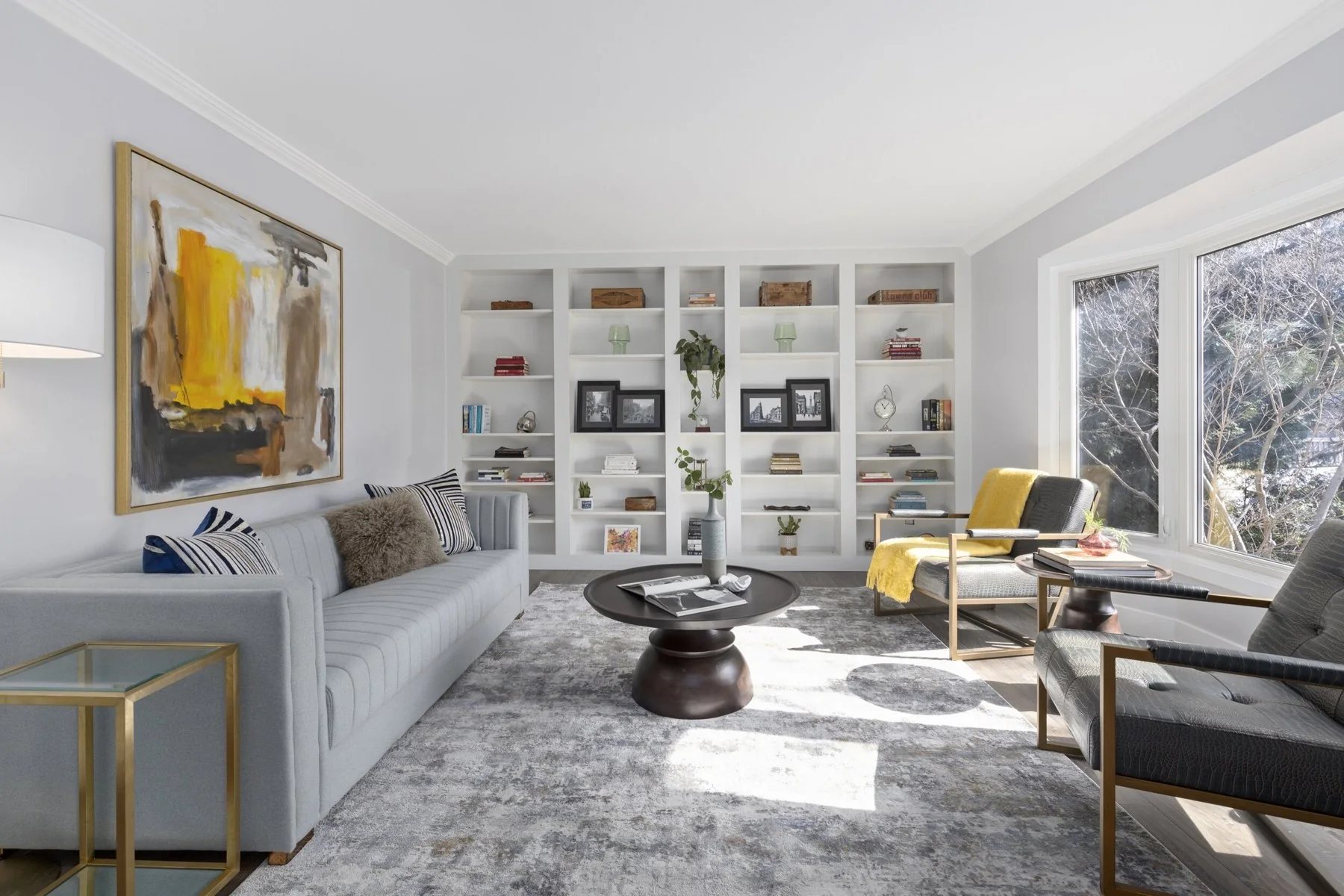 Living room and library shelves